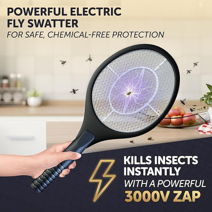 Bug Zapper Racket - Electric Fly Swatter & Mosquito Zapper for Indoor/Outdoor Insect Control - Battery-Operated Tennis Racket Zap - Lightweight & Portable High Voltage Bug Zapper - Black Mamba