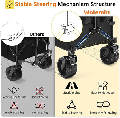 49''L Collapsible Foldable Extended Wagon with 450lbs Weight Capacity, Heavy Duty 300L Folding Utility Garden Cart with Big All-Terrain Beach Wheels & Drink Holders. Black