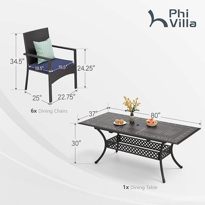 PHI VILLA Outdoor 7 Pieces Expandable Cast Aluminum Dining Set for 6, Extendable Metal Table with Umbrella Hole & Cushioned Wicker Chairs, Dining Furniture Set for Patio, Deck, Yard and Porch