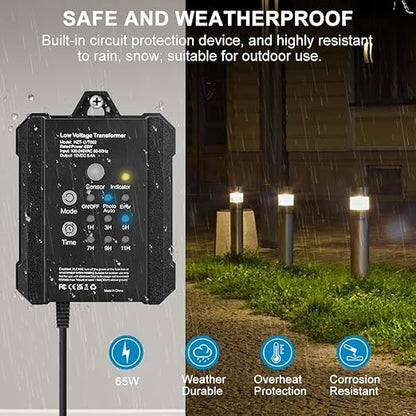 65W Low Voltage Landscape Transformer, RWUSNX Outdoor Landscape Lighting Transformer with Timer and Photocell Sensor, 120V AC to 12V DC Weatherproof for Spotlight, Garden Light, Pathway Light