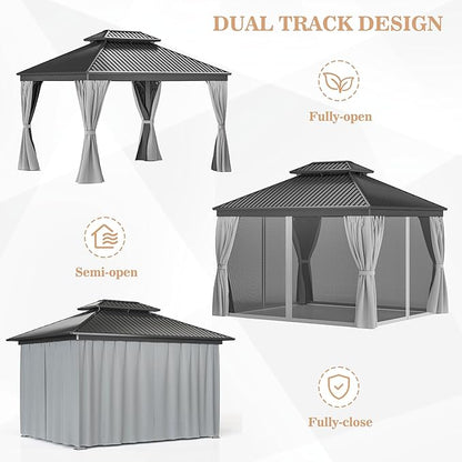 WKM 10x12 FT Hardtop Gazebo with Heavy Duty Galvanized Steel Double Roof, Aluminum Frame Permanent Pavilion with Curtains and Netting, Outside Canopy Gazebo for Patio, Deck and Backyard, Grey