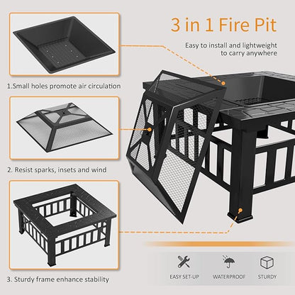 Flamaker Outdoor Fire Pit 32 Inch Patio Square Metal Firepit with Cover Poker & Grate Wood Burning Fireplace Backyard Stove for Outside Heating Camping