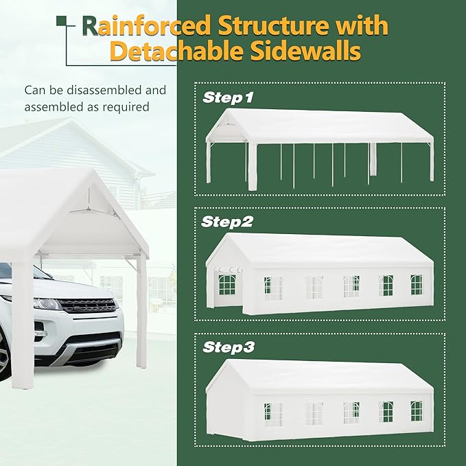 16x32 FT Heavy Duty Party Tent, White Outdoor Canopy with Removable Sidewalls & 3 Storage Bags, Waterproof Gazebo for Wedding, Camping, BBQ, and Commercial Events