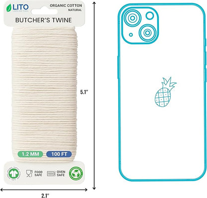 Organic Butcher’s Twine 100 Feet for Cooking & Trussing Meat– 1.2mm Heavy Duty Natural Cotton Kitchen String, Food-Safe & Oven-Safe for Turkey, Baking, BBQ & Crafts
