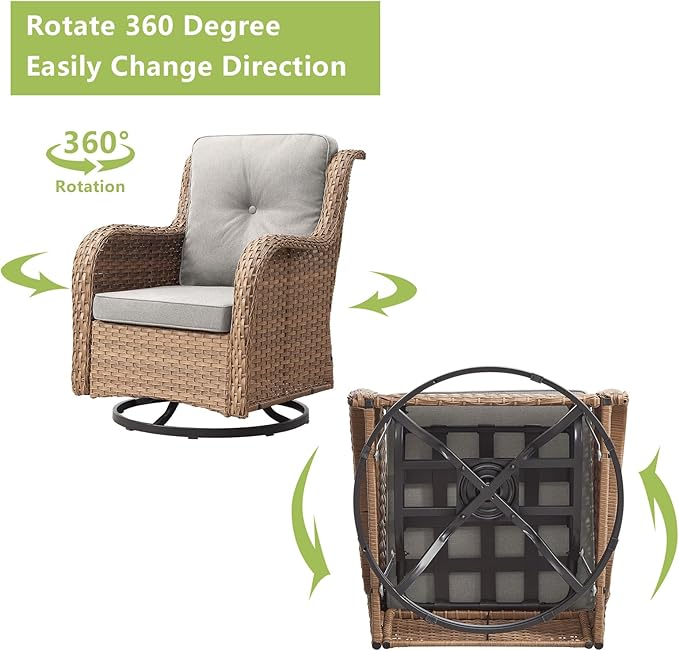 Outdoor Wicker Patio Furniture Set - 5 Pieces Rattan Patio Conversation Set with 2 Rocking Swivel Chairs,2 Ottomans and 1 Side Table for Porch Deck Backyard Garden(Yellow/Beige)