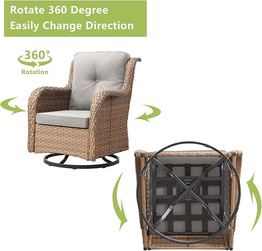 Outdoor Wicker Patio Furniture Set - 6 Piece Rattan Patio Conversation Set with 2 Rocking Swivel Chairs,2 Ottomans,1 Sofa and 1 Coffee Table for Porch Deck Backyard Garden(Yellow/Beige)