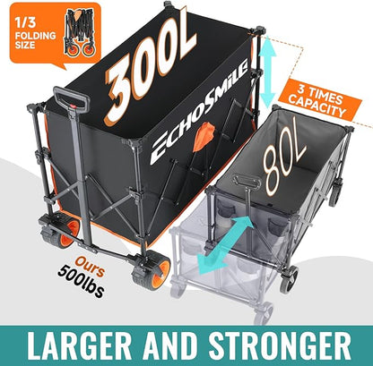 EchoSmile Collapsible Foldable Extended Wagon with 500lbs Weight Capacity, 300L Folding Utility Wagon Cart with Big All-Terrain Wheels for Beach,Sport,Gargen&Grocery,Black & Orange
