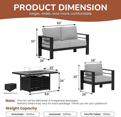 Solaste Aluminum Patio Furniture Set with Fire Pit Table, 4 Piece Metal Outdoor Furniture with Water-Resistant Cushions, Modern Patio Conversation Set for Backyard,Black Frame and Grey Cushion