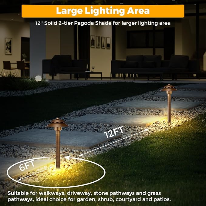 Gardencoin Solid Brass Low Voltage Landscape Pathway Lights (6'' Shade 2-Tier, 19'' Tall), 12V AC/DC LED Heavy Duty Path Lighting Outdoor Wired, Waterproof Bronze Walkway Light Without G4 Bulb, 4 Pack