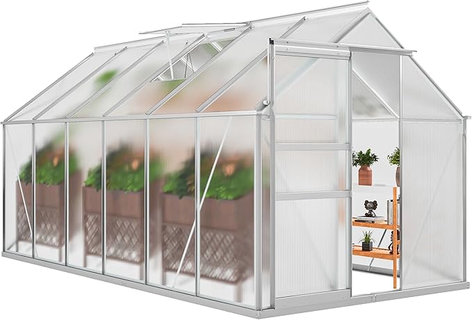 DWVO 6x12FT Polycarbonate Greenhouse for Outdoors, Large Heavy Duty Aluminum Greenhouses with Sliding Doors and Vent Window, Walk-in Greenhouse for Garden Backyard, Easy to Setup, Silver