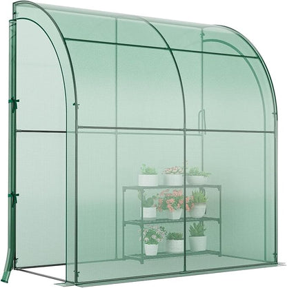Happygrill Walk-in Greenhouse with 3-Tier Flower Rack, Weatherproof PE Cover & Roll-up Zipper Doors, Lean-to Greenhouse for Garden, Backyard, Balcony