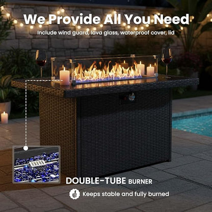 10 Pieces Patio Furniture Sets with Fire Pit Table, Wicker Rattan High Back Outdoor Swivel Rocking Chairs Set with 3-Seat Couch, Ottomans and Side Table