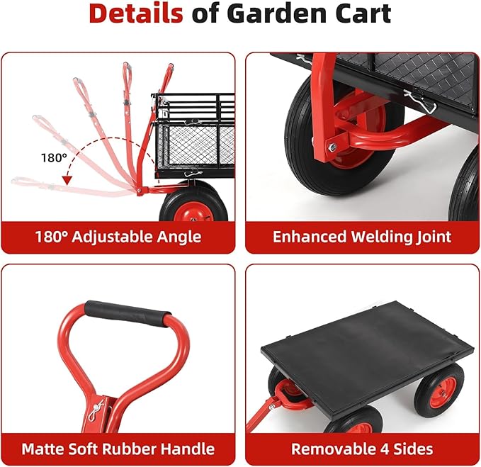 1400 Lbs Heavy Duty Utility Garden Carts and Wagons with 180° Rotating Handle and Removable Sides, Steel Yard Dump Wagon Carts with 16" All Terrain Tires