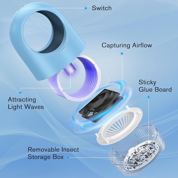 Indoor Fruit Fly Trap, Fan Powered Bug Catcher for Home, Effective Traps for Fruit Flies, Gnats, Mosquitoes & Moths (Blue)