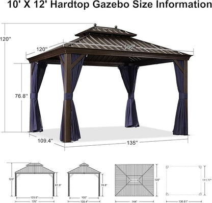 PURPLE LEAF 10' X 12' Hardtop Gazebo with 5 Pieces Wide Aluminum Frame Galvanized Steel Double Roof with Heavy Duty Netting and Curtains for Permanent Hard Top Pavilion Screen Navy Blue