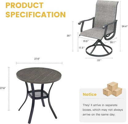 VICLLAX Patio Dining Set for 2, 3 Pieces Outdoor Furniture Includes 27.5" Small Round Patio Table and 2 Outdoor Swivel Chairs for Lawn Garden, Grey Wood Grain Tabletop and Grey Fabric