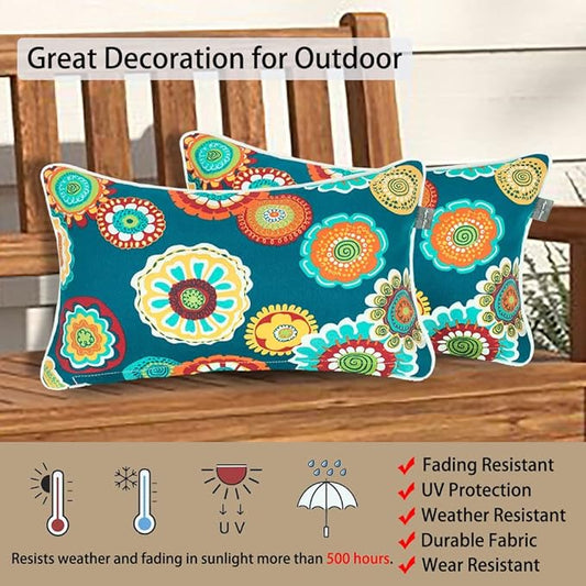 Magpie Fabrics Pack of 2 Outdoor Waterproof Lumbar Rectangular Throw Pillow with Insert 12x20 Inch, Home Decorative Toss Cushion for Patio Garden Car Office (Heronsbill Turquoise Green)