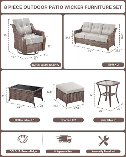 Belord High Back Wicker Outdoor Furniture - 8-Piece Patio Conversation Set with Swivel Rocker Glider Patio Chairs Set of 2 and Rattan Couch, Coffee Table and Ottoman for Lawn Backyard Porch Garden
