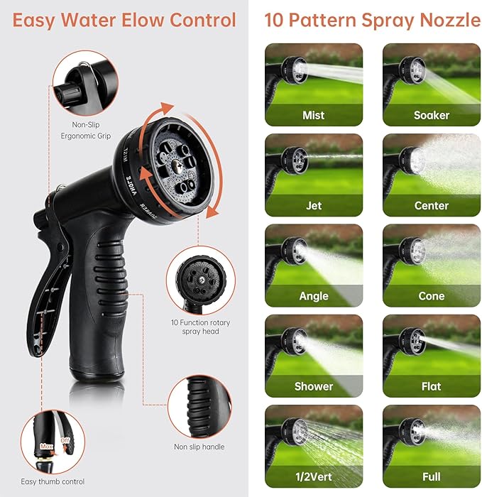 Stainless Steel Garden Hose 50 ft Heavy Duty Metal Water Hoses with 10 Function Water Hose Nozzles for Yard Outdoor