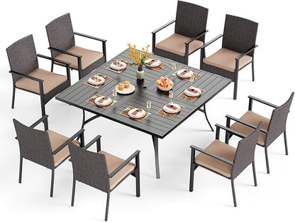 PHI VILLA 9 Pieces Square Outdoor Dining Table Set for 8, 60” Large Metal Steel Dining Table & Rattan Wicker Chairs with Cushions, Dining Furniture Set for Patio, Deck, Yard, Porch