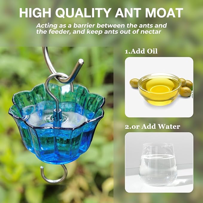 Kingsyard 2 Pack Glass Hummingbird Feeder for Outdoors, 16 Oz Wild Bird Feeder with 6 Feeding Ports Hanging for Garden Yard, Blue (Ant Moat Included)