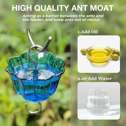 Kingsyard 2 Pack Glass Hummingbird Feeder for Outdoors, 16 Oz Wild Bird Feeder with 6 Feeding Ports Hanging for Garden Yard, Blue (Ant Moat Included)