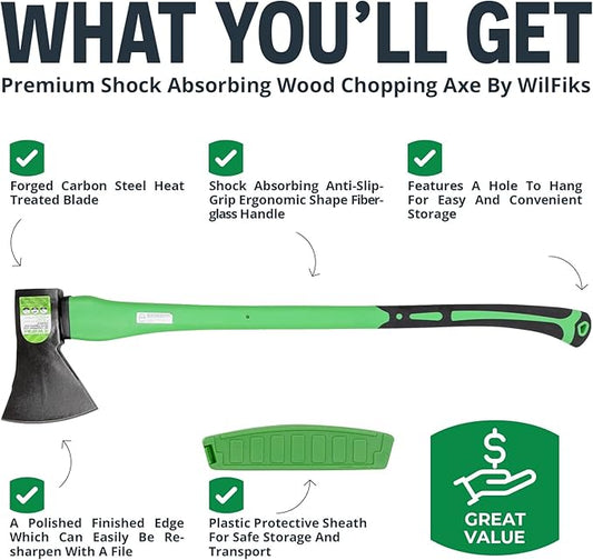 WilFiks Chopping Axe, 36” Camping Outdoor Hatchet for Wood Splitting and Kindling, Forged Carbon Steel Heat Treated Hand Maul Tool, Fiberglass Shock Reduction Handle with Anti-Slip Grip