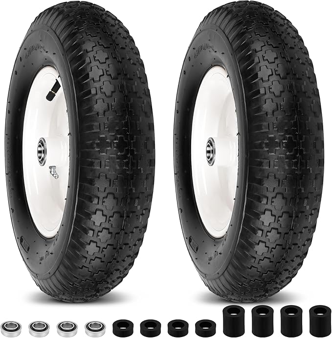 4.80/4.00-8" Wheelbarrow Tubed Tires and Wheels, 16" Universal Fit Pneumatic Tires with 3/4" or 5/8" Bearing, 3"-7" Hub, Adapter Kit Hand Truck Wheels Replacement for Garden Trailer, Wagons, 2 PCS