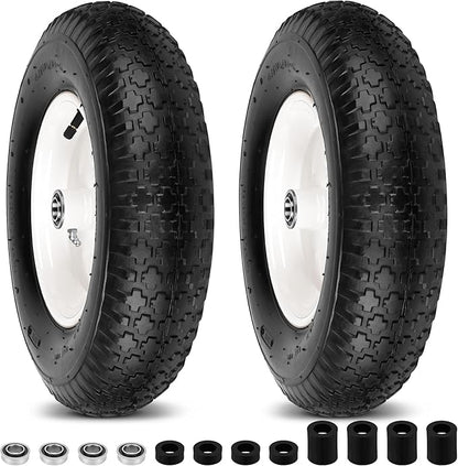 4.80/4.00-8" Wheelbarrow Tubed Tires and Wheels, 16" Universal Fit Pneumatic Tires with 3/4" or 5/8" Bearing, 3"-7" Hub, Adapter Kit Hand Truck Wheels Replacement for Garden Trailer, Wagons, 2 PCS