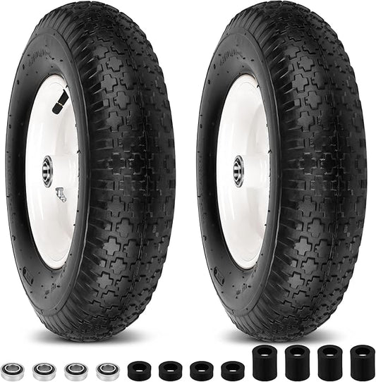 4.80/4.00-8" Wheelbarrow Tubed Tires and Wheels, 16" Universal Fit Pneumatic Tires with 3/4" or 5/8" Bearing, 3"-7" Hub, Adapter Kit Hand Truck Wheels Replacement for Garden Trailer, Wagons, 2 PCS