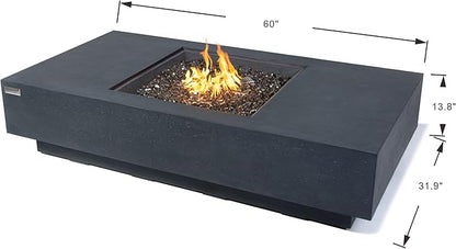 Elementi+ | Monte Carlo Gas Fire Pit Cast Concrete 60" Rectangular Fire Table, Outdoor Fire Pit Electronic Ignition | Canvas Cover, Fire Glass and Burner Lid Included | Light Gray | Propane Gas