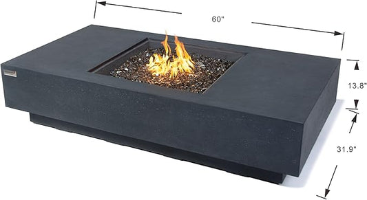 Elementi+ | Monte Carlo Gas Fire Pit Cast Concrete 60" Rectangular Fire Table, Outdoor Fire Pit Electronic Ignition | Canvas Cover, Fire Glass and Burner Lid Included | Light Gray | Propane Gas