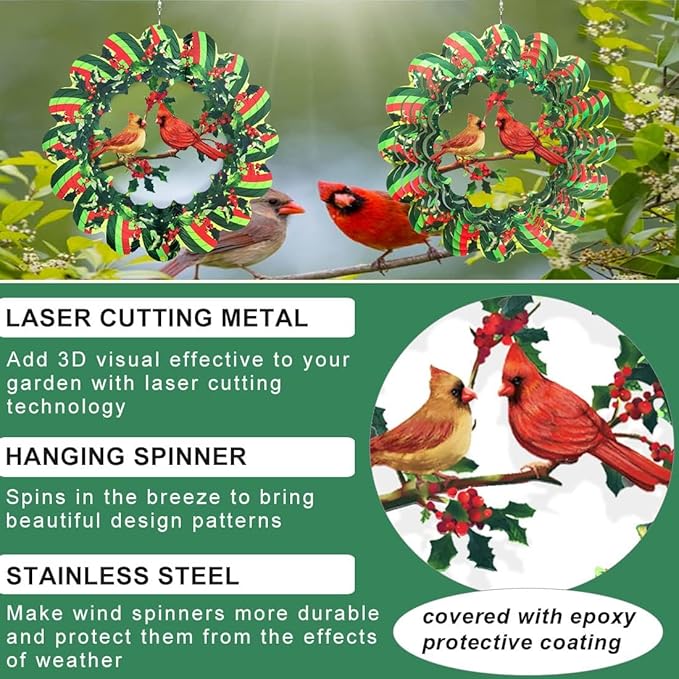 Cardinal Wind Spinner, 3D Wind Spinners Outdoor Metal Clearance, 12 Inches Green Garden Bird Spinner Hanging Yard Art, Large Colorful Spinning Wind Catcher, Wind Sculpture Spinifity Ornaments Gifts