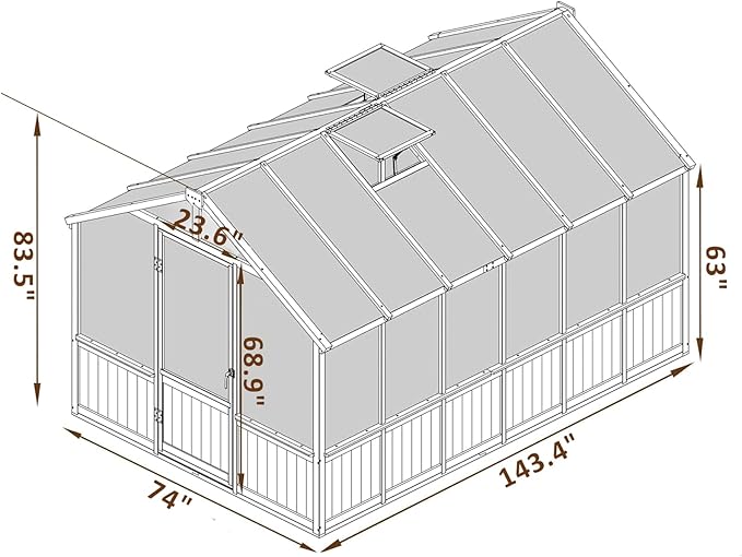 Greenhouse for Outdoor, 6x8ft-8x12ft Wooden WAK-in Greenhouse Kitwith 6MM Thick Polycarbonate Panel, Lockable Door & Adjustable Roof Vent ，Backyard Garden ﻿ (Light Mocha Brown, 6*12FT)