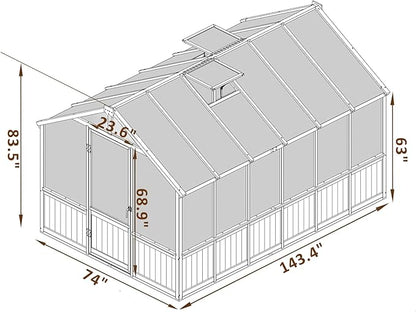 Greenhouse for Outdoor, 6x8ft-8x12ft Wooden WAK-in Greenhouse Kitwith 6MM Thick Polycarbonate Panel, Lockable Door & Adjustable Roof Vent ，Backyard Garden ﻿ (Light Mocha Brown, 6*12FT)