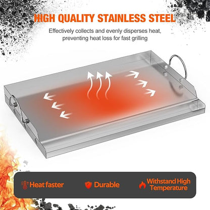 onlyfire Stainless Steel BBQ Griddle, Outdoor Flat Top Griddle Pan with Grease Groove and Handles for Gas and Charcoal Grills, 25”x16”
