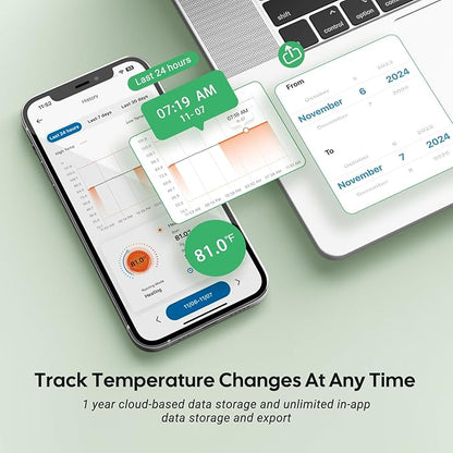 WiFi Digital Heat Mat Thermostat Controller, 32-113°F with Heating Cooling Mode, 365 Day Data Export, 1200W, High/Low Temp Alerts, Plug & Play for Reptile Seedling Brewing Breeding Greenhouse