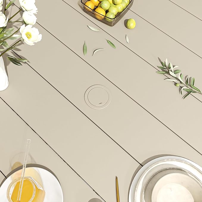 VICLLAX 60" Outdoor Round Patio Dining Table for 8-10, All Weather Metal Dining Table with Umbrella Hole for Deck Lawn Garden Backyard, Sandshell