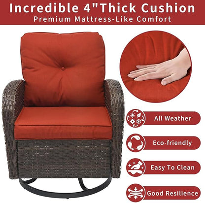 3 Pieces Patio Furniture Set, Outdoor Swivel Rocking Chair Set of 2 with Side Table - 360° Swivel, Thick Cushions, All-Weather Bistro Set for Deck, Porch, Pool(Red, Brown Full-Weave Rattan)