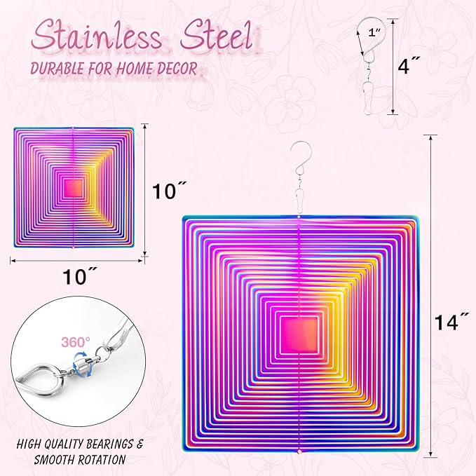 Wind Spinners Outdoor, 3D Maze, Square, Gradient Multicolor, 10 inches Stainless Steel Metal, Hanging Wind Spinners, Garden, Yard Décor, Outside, Gifts for Women Mom Wife