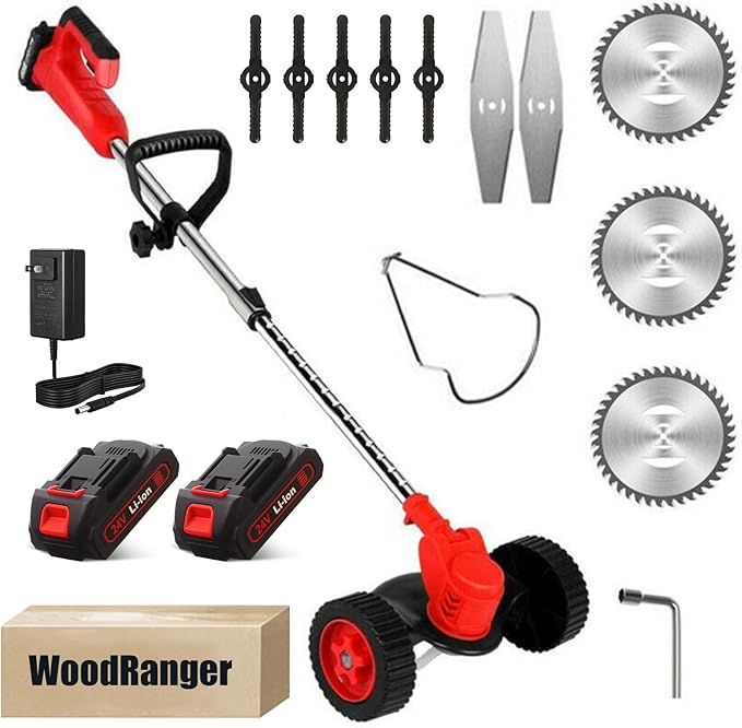 Wood Ranger Weed & Lawn Trimmer,3 in 1 Cordless Grass Trimmer,24V Cordless String Trimmer, Wheeled Weed Eater with 2 Batteries, Electric Lawn Edger Tool Set, 6-Inch Cutting Width(Red)