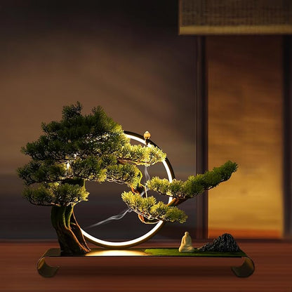 Artificial Bonsai Pine Tree Faux Realistic Simulation Bonsai with LED Lamp Ring Fake Plants Desk Table Decor for Home Office Indoor