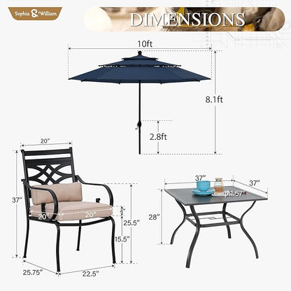 Sophia & William Patio Dining Set with Umbrella 6 Pieces, Outdoor Table and Chairs with 10ft Patio Navy Umbrella(No Base), Weather-Resistant for Garden, Backyard, Lawn, Balcony