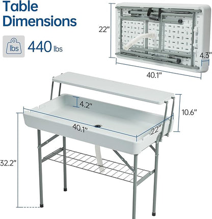 Outdoor Ice Cooler Folding Table, Portable Cooler Table with Removable Matching Skirt, Folding Ice Chest Table with Place Holder White