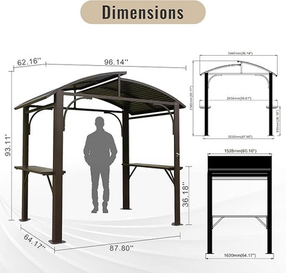 Domi 8x5FT Hardtop Grill Gazebo, Outdoor BBQ Gazebo with 2 Side Shelves and Bottle Opener, Outdoor Grill Canopy with Galvanized Steel Double Roof for Patio Lawn Backyard Deck, Brown