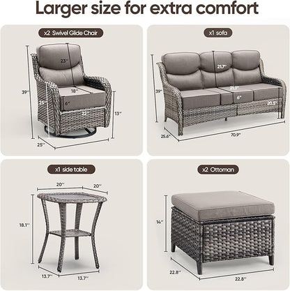 Swivel Patio Chairs sofa Set of 6 - 6" Thick Cushion - Wicker Outdoor Swivel Rocker Patio Chair ,Sofa/Glass coffee table, High Back Comfortable Outdoor Glider Chairs - Grey Wicker | Grey Cushions