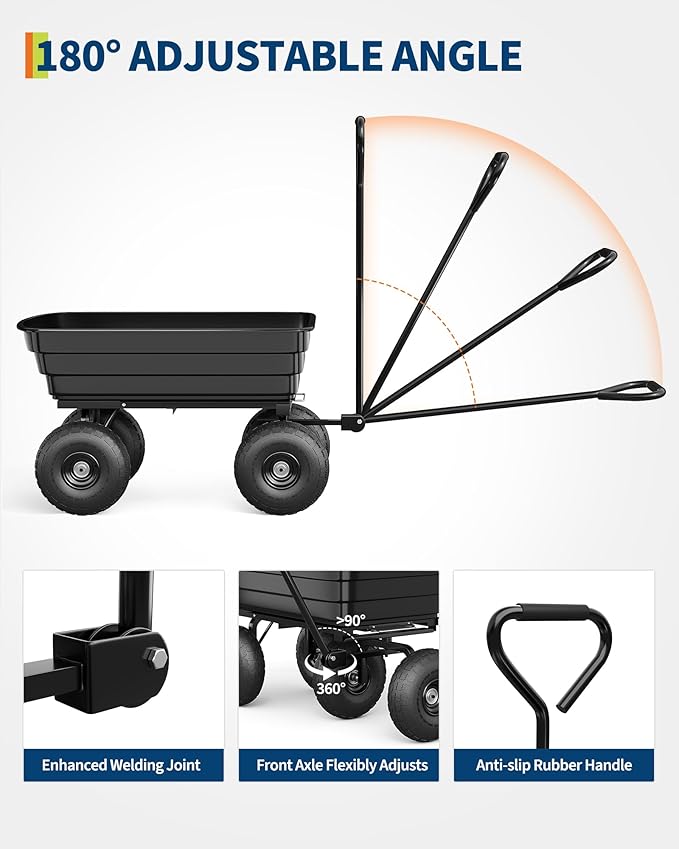 GarveeLife Poly Dump Cart - Heavy Duty 600 LBS Garden Cart with Quick-Release Dumping 10 in Tires, Utility Wagon for Yard Work, Landscaping, Gardening