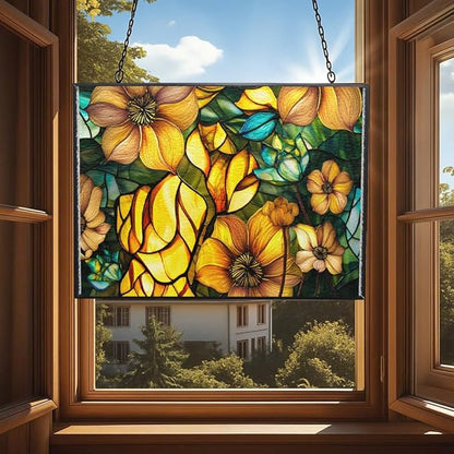 Rectangle Sun Lotus Stained Glass Suncatcher Window Hangings, Suncatchers Colorful Glass Panel Sun Catchers Gifts, Decoration for Home Garden Christmas Party Wedding