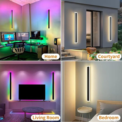 2 Pack Outdoor RGB Long Wall Lights, 57 inch Wall Lights RGB/Warm/White Dimmable Modern Led Wall Lighting, Ip65 Waterproof Wall Sconce with Remote APP Control for Outdoor/Indoor Party Gathering