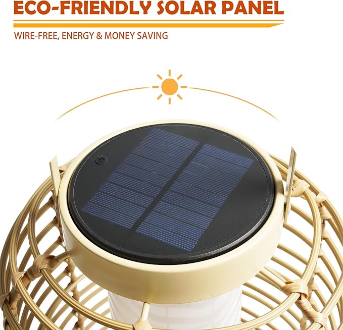 Solar Yard Outdoor Austin Solar Powered Floor Lamp Set of 2, 14-inch Wicker Woven LED Lamp, Water-Resistant Garden Light, Boho Style, Decor for Balcony, Porch, Yard, Pathway, Natural Color